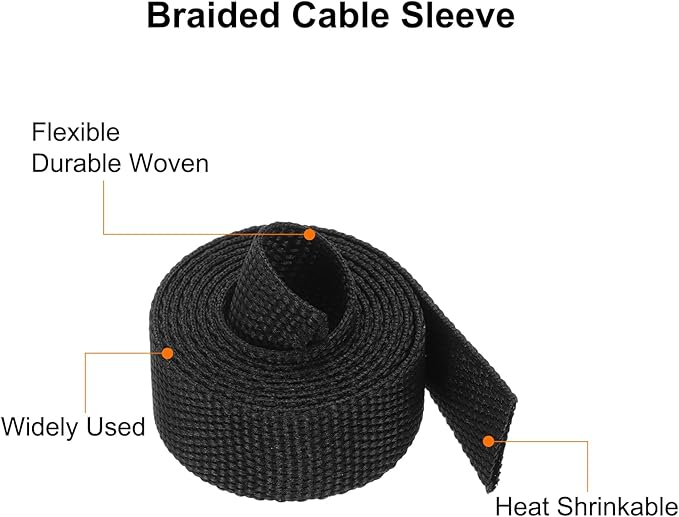 MECCANIXITY Braided Cable Sleeves Heat Shrinkable Fabric Sleeving, 1/2" 3ft Black 2:1 Ratio Heat Shrinkable Cord Protector for Harness Cable, Network Cable Protection, Cable Management