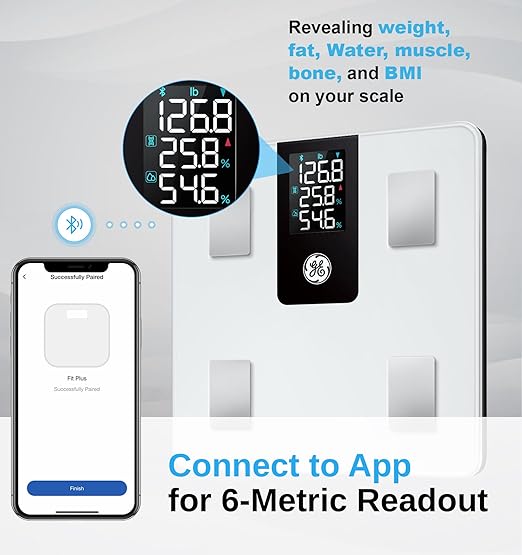GE Smart Scale for Body Weight BMI Fat Muscle Mass with 14 Body Composition Metrics & All-in-one LCD Display, Digital Bathroom Weight Monitor Bluetooth with App, Accurate Weighing Machine 400lb White