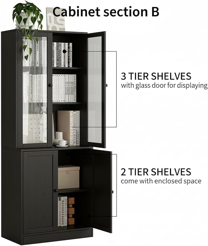 TUSY 71" H Bookshelf Bookcase with Doors, 3-Tier Modern Bookshelves with 3 Large Drawer, Display Bookcase with Glass Doors, Modern 5-Tier Curio Cabinet for Home Office, Dining Room (Black, AB)