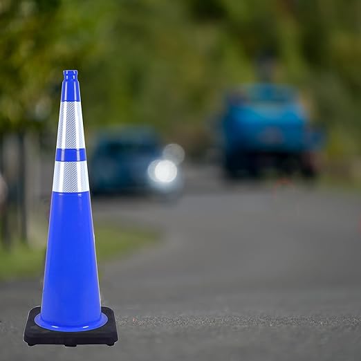 8 Pack 36 Inch Blue Traffic Cones with Reflective Tape, Heavy Duty Black Base Safety Cones for Airports, Warehouses and Large Event Spaces (8, Blue, 36 Inch)