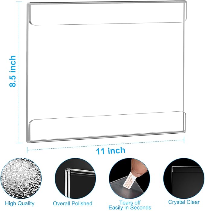 EHWINE 10 Pack 8.5 x 11 Wall Mount Acrylic Sign Holder, Horizontal Wall Signs Photo Menu Flyer Display Holders, Plastic Clear Acrylic Frames for Office Home Hotel Business Store (with Adhesive Tape)