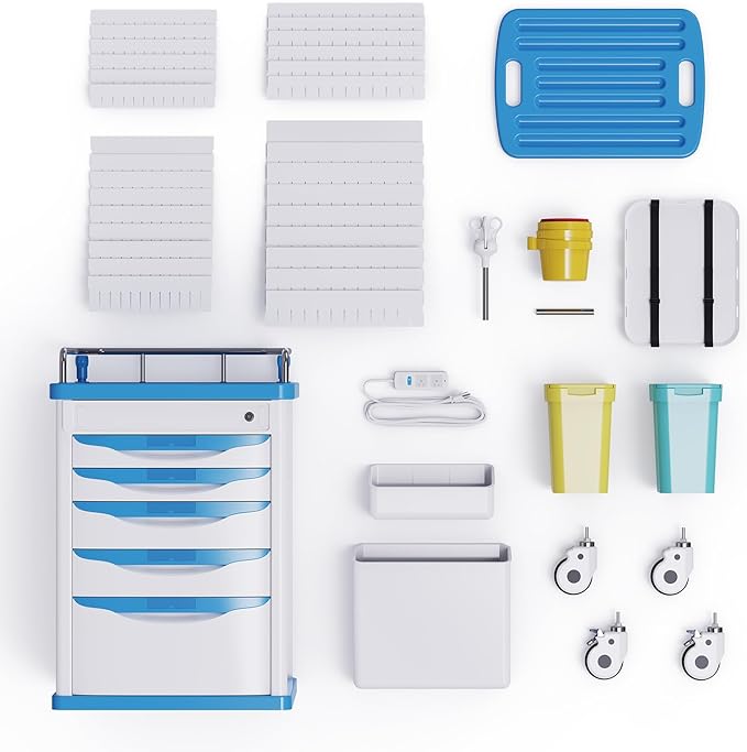 Medical Rolling Crash Cart with Wheels-CPR Board, IV Pole, O2 Holder, Trash Bin, Silent Casters,Drawers with Dividers, Emergency Cart for Clinic, Hospital, Nursing Center