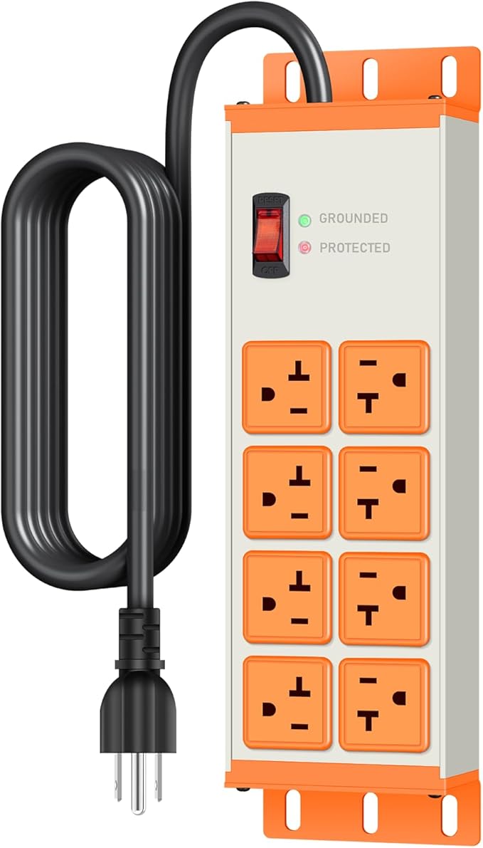 JUNNUJ Heavy Duty 20 Amp Surge Protector 4800J, Garage Metal 8 Outlets 12 Gauge, High Amp 5-15P Adapter Shop 6-20R T-Slot Industrial Outlet, 6 FT Extension Cord Commercial for Appliance, Grey