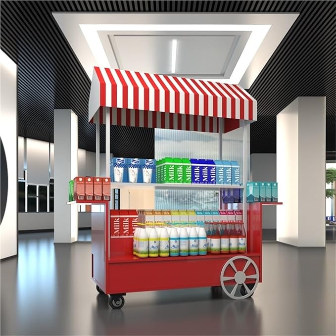 Portable Food Cart with Canopy, Mobile Vendor Display Stand with Lockable Wheels, Outdoor Food Stall Trolley, Foldable Commercial Display Cart for Market, Street Food & Events(Red)