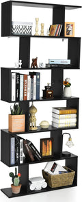 Tangkula 6 Tier S Shaped Bookshelf, 31.5''L x 9''W x 75''H, Wooden Bookcase and Bookshelves w/Anti-Toppling Device, Room Divider Display Shelves for Living Room, Home Decor, 6 Shelf Bookshelf
