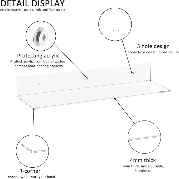 20 Inch Clear Wall Shelves for Wall, Wall Mounted Acrylic Floating Shelf for Plants, Speaker, Radio, Funko Pop, Stuffed Animal, Books, Cosmetics, Toiletries, 2 Pack (20 Inch)