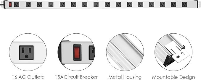 JUNNUJ Long Metal 16 Outlet Power Strip, Wide Spaced Garage Industrial Heavy Duty Power Strip with 15 FT Cord 15A, 125V, 1875W-Silver