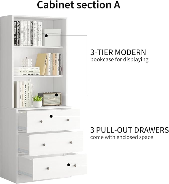 TUSY 71" H Bookshelf Bookcase with Doors, 3-Tier Modern Bookshelves with 3 Large Drawer, Display Bookcase with Glass Doors, Modern 5-Tier Curio Cabinet for Home Office, Dining Room (White, ABA)