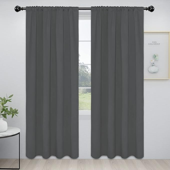 Easy-Going Rod Pocket Blackout Curtains for Bedroom, Room Darkening Window Curtains for Living Room, Thermal Insulated Noise Reduction Solid Window Drapes, 2 Panels(42x84 in, Gray)