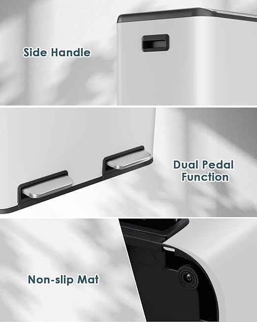 Arlopu 16Gal Dual Trash Can w/2 Built-in Box for Odor Control, Hands-Free Kitchen Garbage Bin, Recycle Waste Dustbin, Soft-Close Lid, 2 Buckets,Foot Pedal, Side Handle, Airtight,for Home (White)