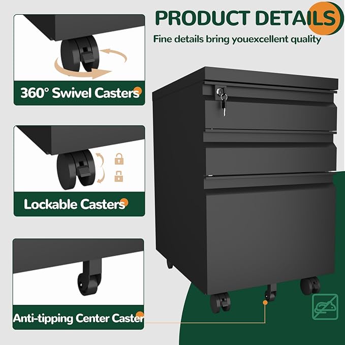 3 Drawer File Cabinet with Lock, Mobile Metal Filing Cabinet on Wheels, Under Desk Small Filing Cabinet for Home Office Storage, Letter/Legal/A4 Drawer Organizer with Anti-Tip Wheels (Black)