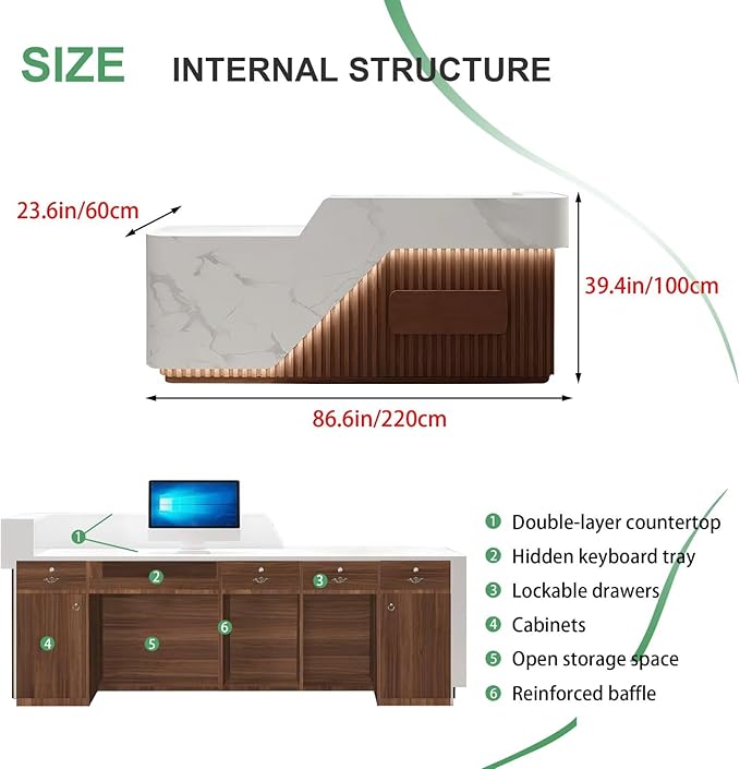 Modern Reception Desk with Counter Front Reception Table with Hidden LED Lighting Commercial Receptionist Desk White and Brown Checkout Counter Fully Assembled and Ready to Use 87inch