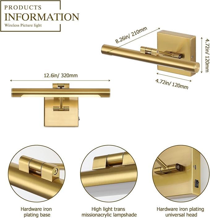Joosenhouse Battery Operated Picture Light Set of 2, 12.6 Inch Brass Rechargeable Wall Art Light with Remote Timer and Dimmer Display Light for Bedroom, Living Room, Artwork Display