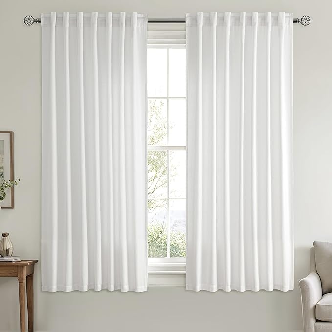 MIULEE Non-See-Through Privacy Linen Curtains 2 Panels, Light Filtering Window Curtains Farnhouse Textured Back Tab Semi Sheer Drapes for Bedroom Living Room, 52 x 63 Inches Long, Pure White