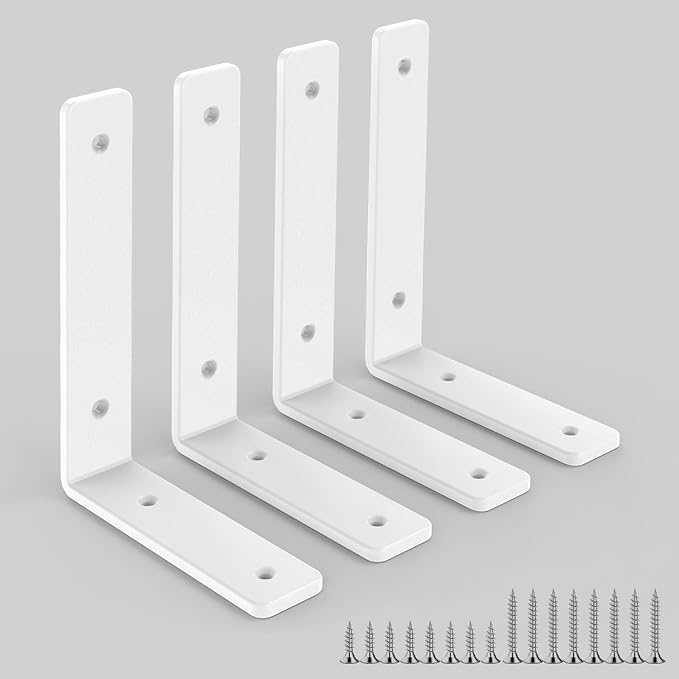 White Heavy Duty Shelf Brackets 8 Inch, Extra Thick L Shelving Brackets, Rustic Gold Iron Floating Shelves Wall Mounted with Hardware for DIY Open Shelving, 4 Pack