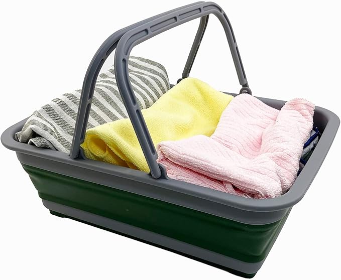 SAMMART Collapsible Basket with Handle 8L (2.1 Gallon) - Portable Outdoor Picnic Basket/Crate -Foldable Basin for Washing Dishes,Camping,Hiking (Grey/Shamrock)