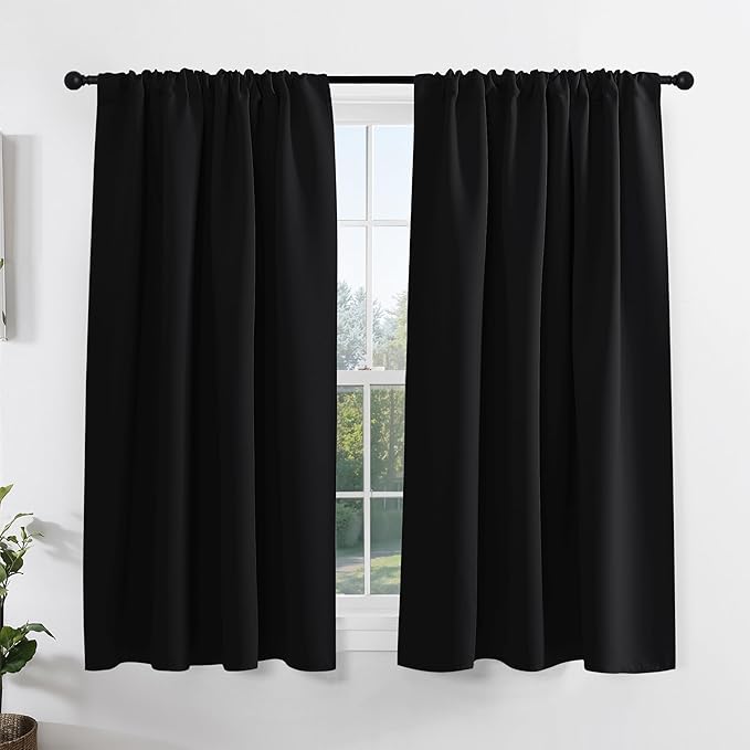 PONY DANCE Short Black Out Curtains 48 inch Long for Small Window, Rod Pocket Privacy Bathroom Draperies,Thermal Insulated Lighting Blocking Drapes for Basement(2 Panels Set,Black, W42 x L48 inches)
