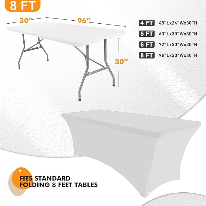 SEPARO Spandex Table Cover 2 Pack 8FT White Fitted Tablecloths,Washable Wrinkle Resistant Stretch Table Cloth Rectangle for Party Hosting Supplies,Wedding Decorations,Vendor Display,Banquet