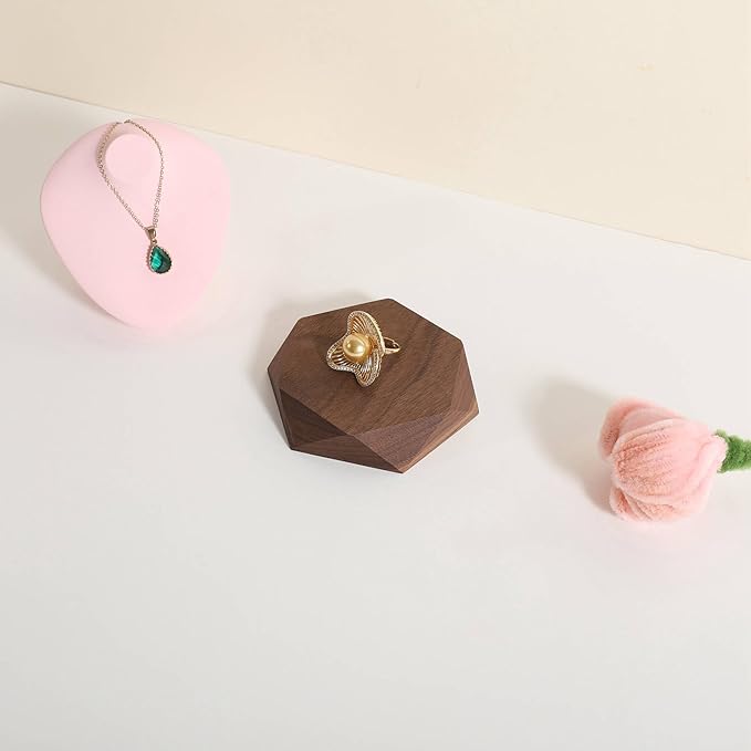 GemeShou single Walnut Jewelry display Tray for selling, Wooden hexagon display riser for jewelry, Jewelry retail shop display stand, photography props【Walnut Hexagon single Small】