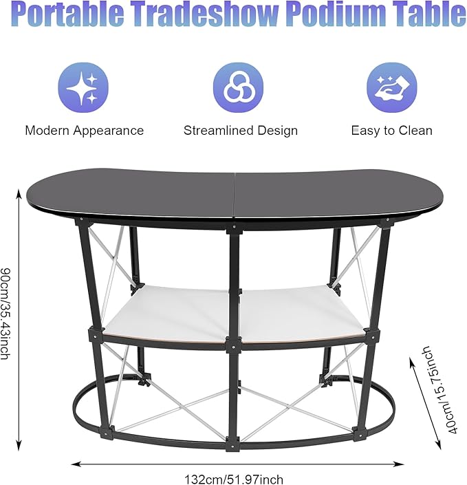 Portable Trade Show Podium Table Display Exhibition Counter with Streamlined Design Foldable Promotion Retail Bar Table for Hotels, Shops, Shopping Malls, Halls