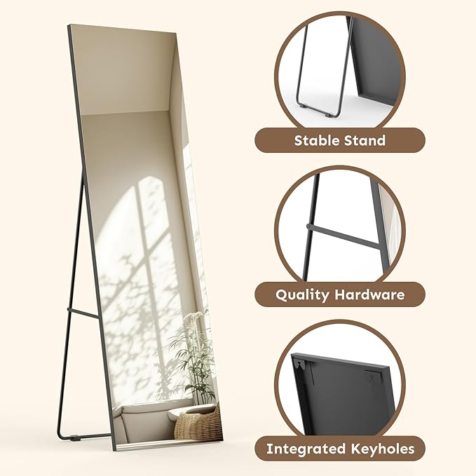 Kosmonia 64x21 Frameless Full Length Silver Coating Mirror w/Distortion Free, HD Reflection &Anti Desilvering, Tempered Glass & Shatter Proof Film Doubling Safety, Easy Setup w/Stand, Wall/Standing