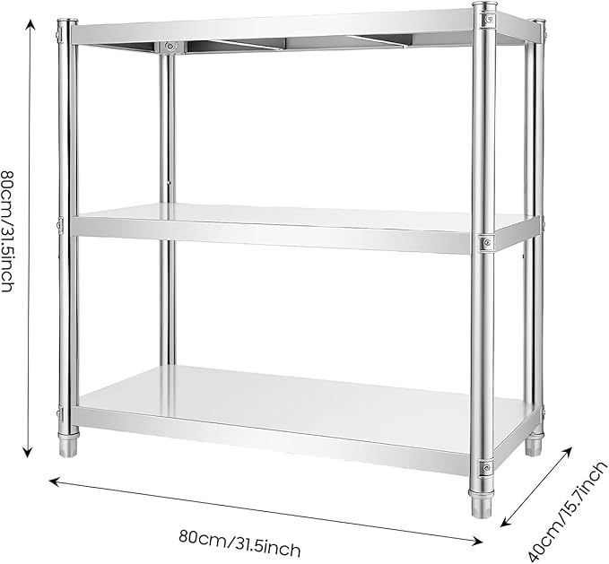 3 Tier Stainless Steel Shelves Heavy Duty Storage Rack Adjustable Kitchen Shelving Organizer with Strong Load Bearing for Garage Bathroom Office and Industrial Use