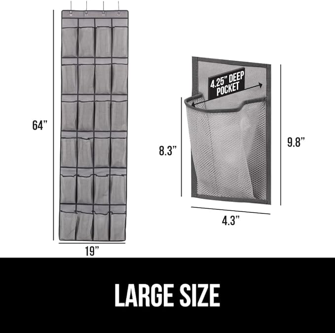 GORILLA GRIP Over the Door Shoe Organizer, 2 Pack, 24 Breathable Mesh Pockets, Space Saving Hanging Storage Holder, Closet Rack Hanger Holds Up to 40 lbs, Hangs on Closets, Shoes, Accessories, Gray