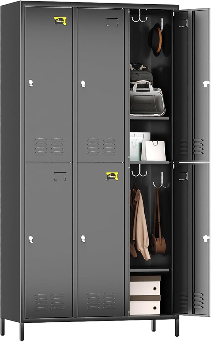 Aobabo Upgraded Metal Storage Locker for Employees, 6 Doors Metal Lockers Cabinet with Lock and Name Card Slot, Industrial Storage with 18 Hooks, for Office Gym, Assembly Required, Black
