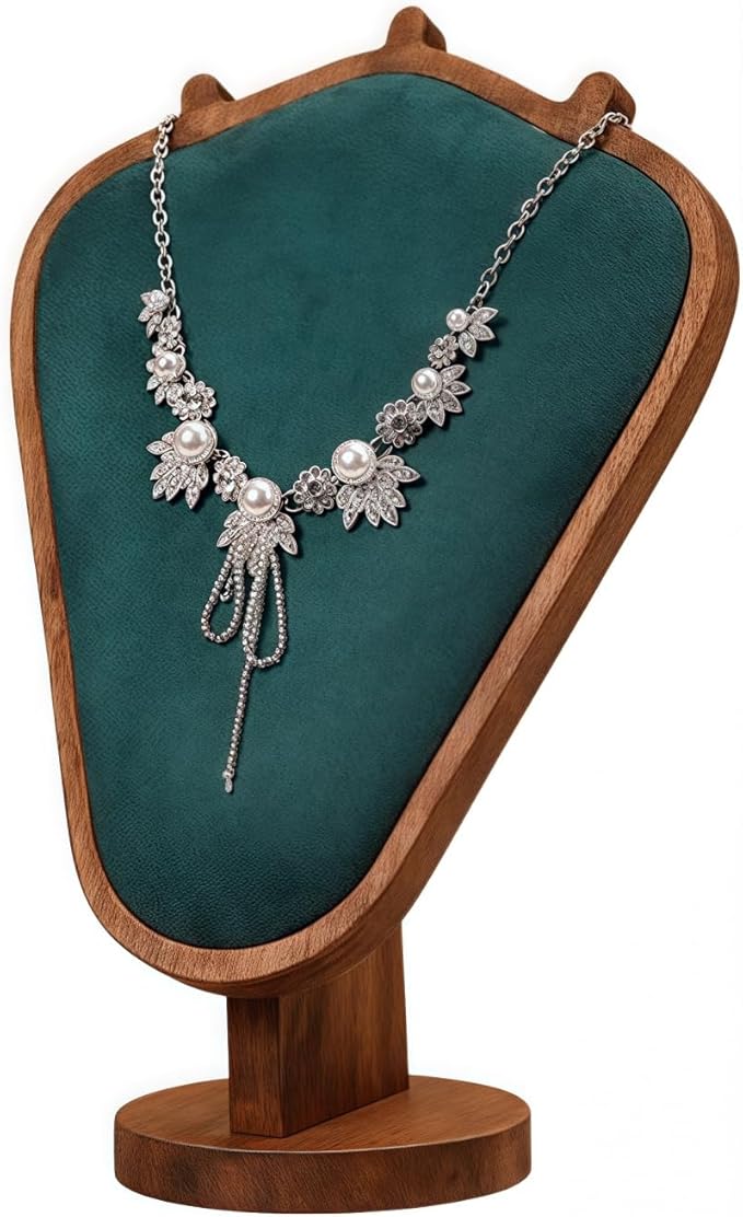 Walnut Color Body Wood Necklace Display Stand with Green Flannelette Soft Mat Necklace Holder Organizer Desktop Stand for Home Store Dresser-4.45"x8.4"x12"