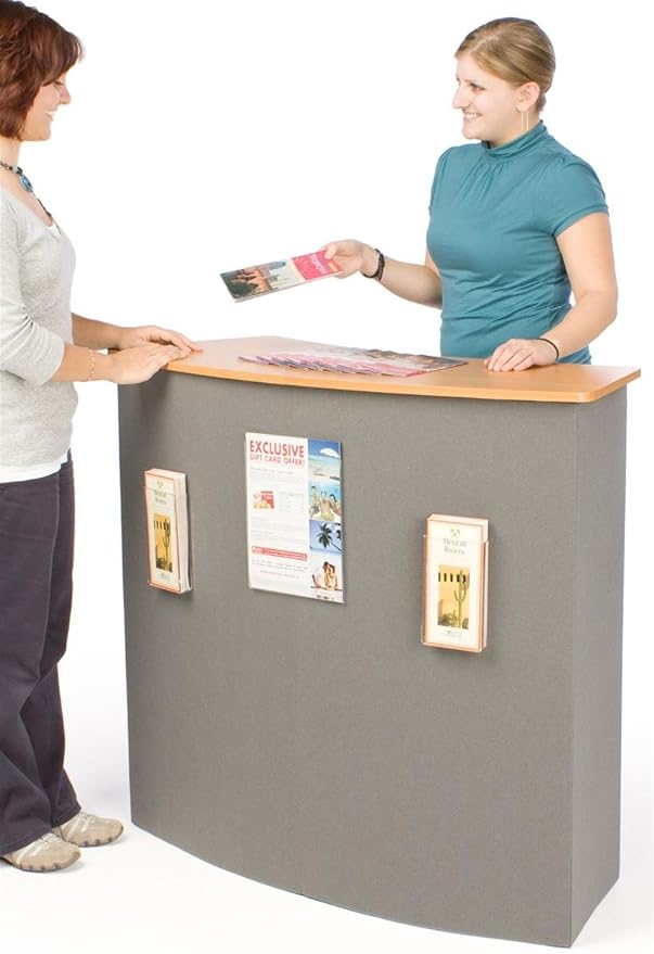 Portable Trade Show Counter, Sets Up in Minutes, Includes Gray Hook & Loop-Receptive Fabric Front and MDF Countertop with Natural Wood Finish – Stands 37-1/2” Tall