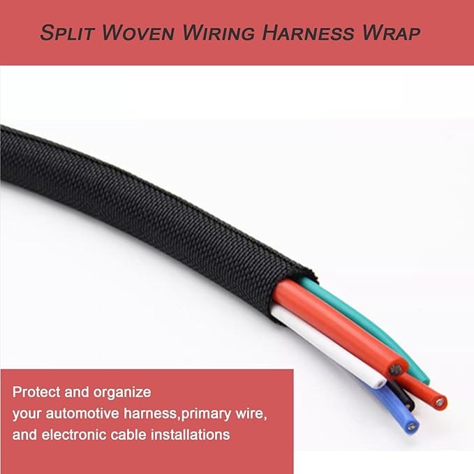 Braided Split Wire Loom Black Wire Cover Protective Harness Tubing Cable Management Self Wrap Cord Sleeve Mesh Woven 1"-24ft