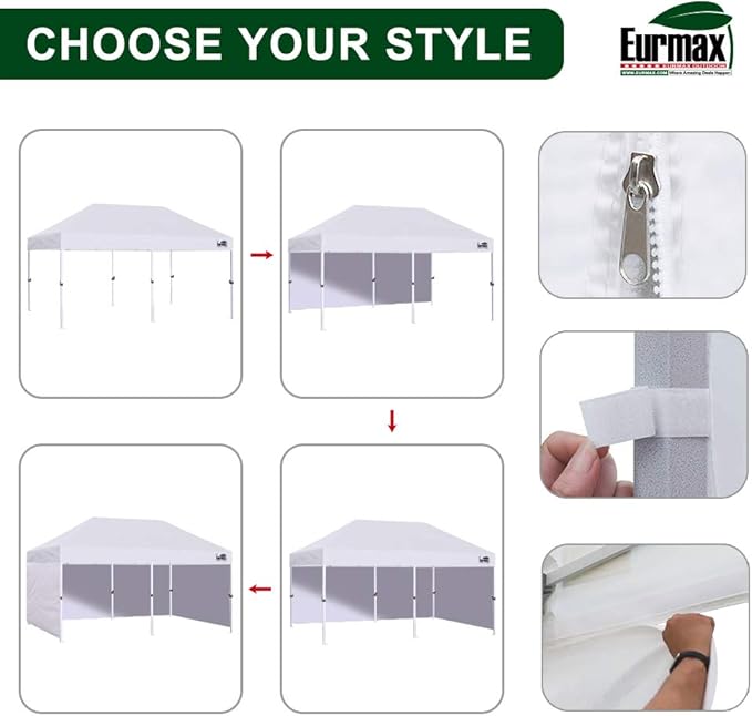Eurmax USA 10'x20' Pop-up Canopy Tent Commercial Instant Canopies with 4 Removable Zipper End Side Walls and Roller Bag, Bonus 6 SandBags(Khaki)
