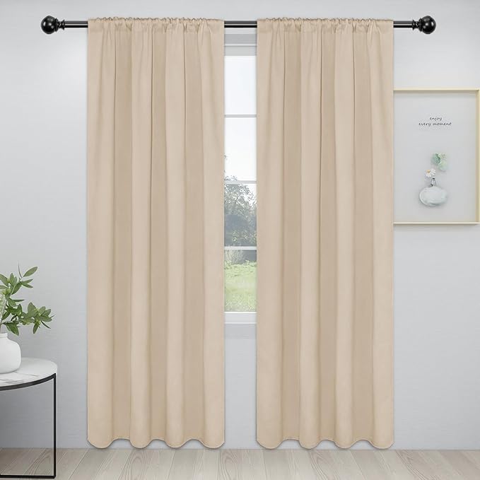 Easy-Going Rod Pocket Blackout Curtains for Bedroom, Room Darkening Window Curtains for Living Room, Thermal Insulated Noise Reduction Solid Window Drapes, 2 Panels(34x84 in, Beige)
