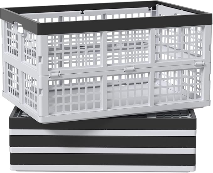 42 L Plastic Stackable Collapsible Storage Crate, 4-Pack Stacking Folding Storage Basket, Utility Crate Basket Containers