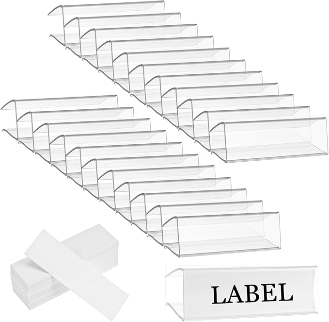 100 Pcs of 3" x 1" Clear Plastic Shelf Label Holders with 100 Label Inserts. Slide-in Tags Holder for Bookshelves, Wood Shelf Signs, Ticket Holders, and Wire Shelving.