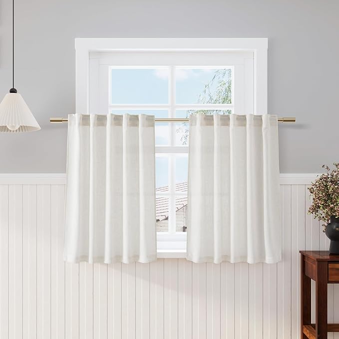 Nanspring Cafe Curtains 36 Inch Length Cream Kitchen Linen Semi Sheer Curtains Light Filtering Small Window Back Tab and Rod Pocket Rustic Farmhouse Curtain for Basement 29 x 36 Inch, 2 Panels