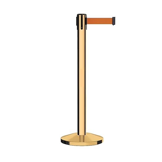 Crowd Control Warehouse CCW Series RBB-150 - Set of 2 Stanchion Retractable Belt Barriers - 16 Foot, Orange Belt with Polished Brass Steel Post - Easy Assembly