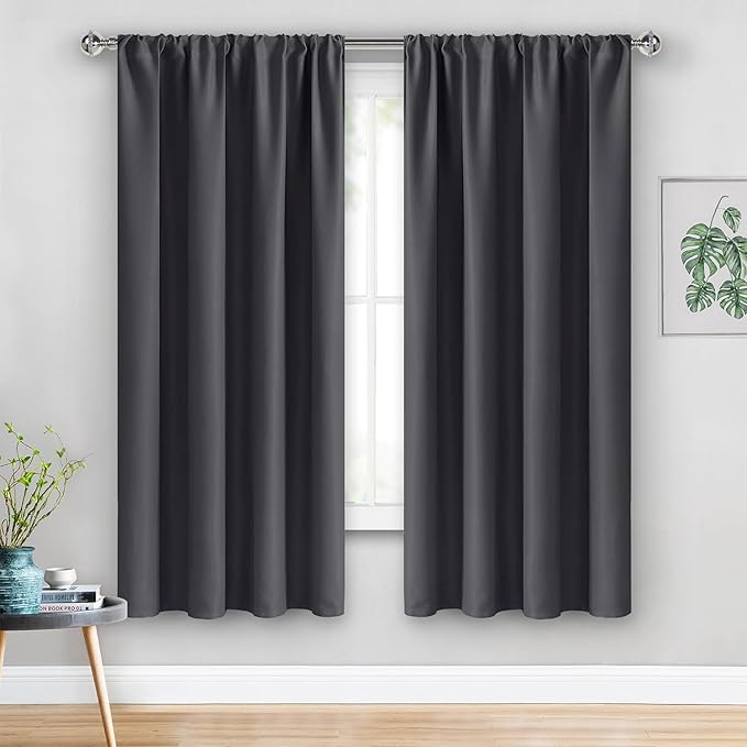 JIUZHEN Blackout Curtains for Bedroom - Thermal Insulated Room Darkening Rod Pocket Curtains for Living Room, Set of 2 Panels with Tiebacks, 38 x 63 Inch Length, Dark Grey