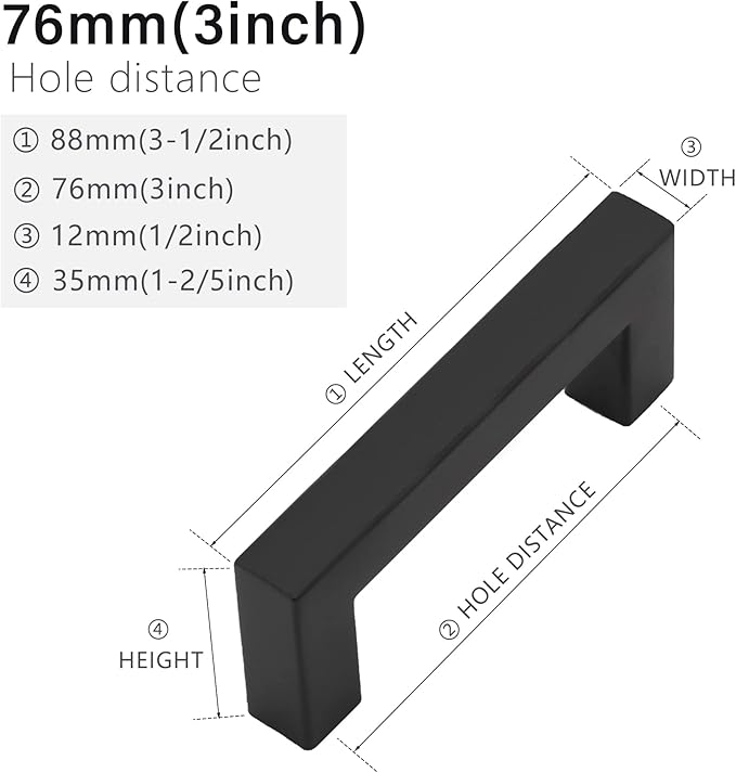 Cabinet Pulls Matte Black Cabinet Handles Square Drawer Pulls, 40 Pack 3 Inch Stainless Steel Kitchen Door Cupboard Cabinet Handles, Drawer Hardware Handles, 76mm Hole Centers