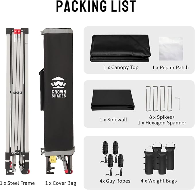 CROWN SHADES 12x12 Pop Up Canopy Tent Instant Commercial with 150D Silver Coated Fabric Including 1 Removable Sidewall, 4 Ropes, 8 Stakes, Weight Bags, STO 'N Go Bag, Black