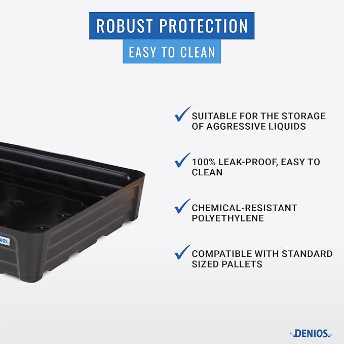 Denios Spill Containment Tray- 21.1 Gallon Spill Tray Capacity - Without Grate- 30.9""X30.9""X7.1 in (Large), Black