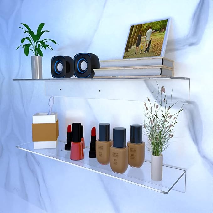 24 Inches Clear Floating Shelves for Wall, Acrylic Long Wall Shelf, Wall Mounted Shelves for Plants, Speaker, Radio, Funko Pop, Stuffed Animal, Books, Cosmetics, Toiletries, 2 Pack (24 Inch)