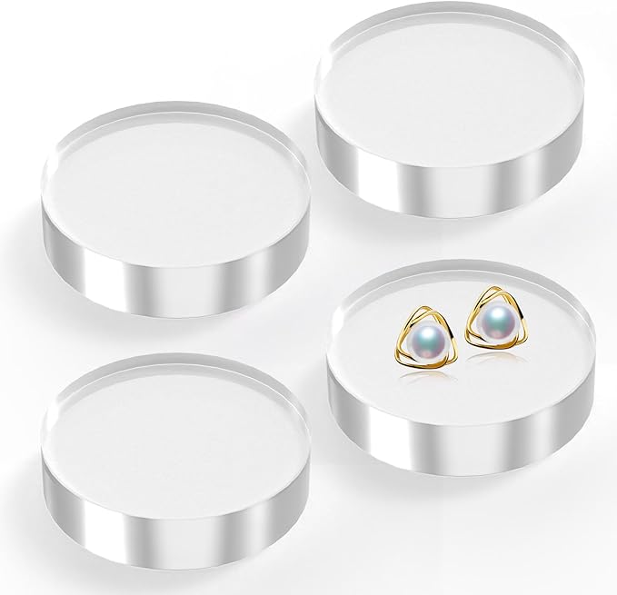 Acrylic Base Stand 4 Pieces Acrylic Blocks for Display 4 X 4 X 1 Inch Clear Polished Block Round Cube Riser Display Pedestal Stands for Jewelry Perfume Ring Collection Props Cake