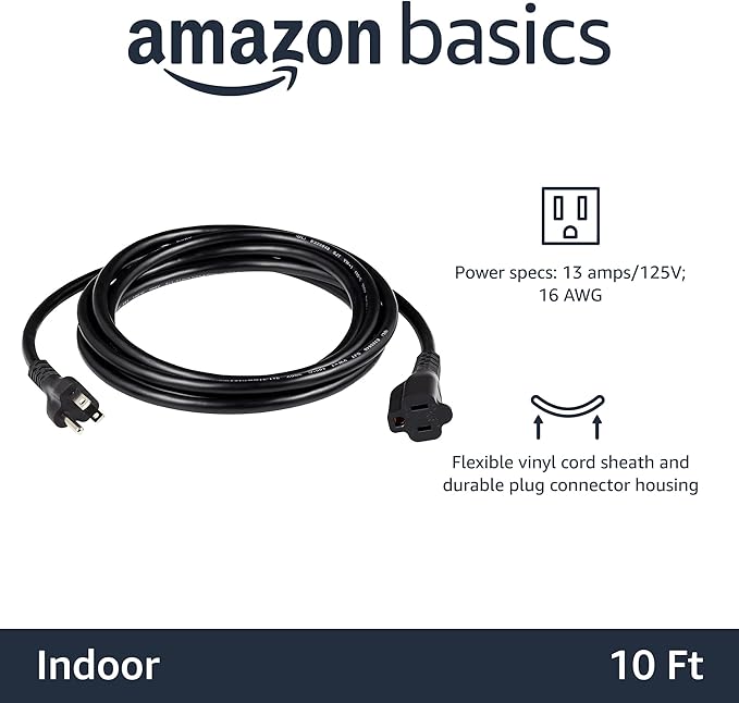 Amazon Basics Extension Cord, 13 Amps, 125V, 10 Foot, Black - Pack of 2