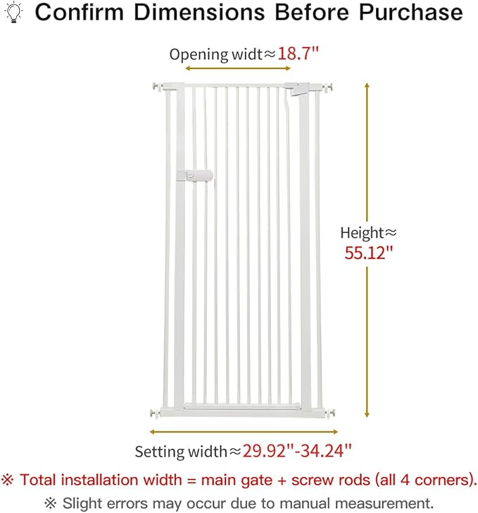 Lumizone Extra Tall Cat Gate 55.12" High Pressure Mounted Extra Wide 2025 New (17 Sizes) 1.37" Gap No Drilling Auto-Close One-Handed Operation Tall Pet Gate for Dogs(White, 55.12" H x 29.92"-34.24" W)