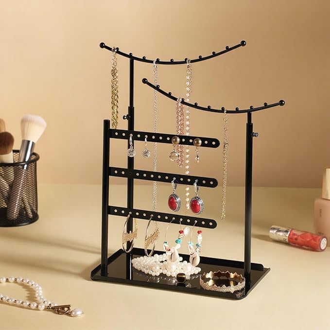 LAMU Jewelry Organizer, 5 Tier Jewelry Stand Display with Anti Entanglement Necklace Holder Tree, Height Adjustable Stroage for Earrings Rings Studs Bracelet, Christmas Gifts for Women Girls, Black