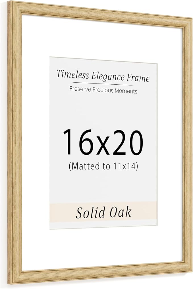 Natural Oak 16x20 Picture Frames Mat to 11x14 Picture Display,Original Wood Handcrafted Poster Frame,Wooden Frame 16x20 with Tempered Glass Graduation Family Wedding Photo Wall Mounted