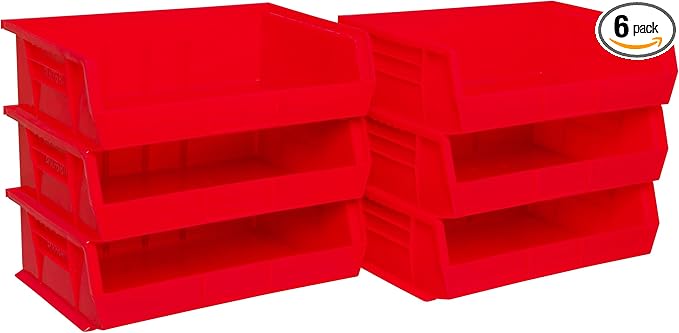 Akro-Mils 30255 AkroBins Plastic Storage Bins, Space-Saving Stackable Bins for Garage, Pantry, Craft Organization, 11-" x 16-" x 5-", Red, 6-Pack