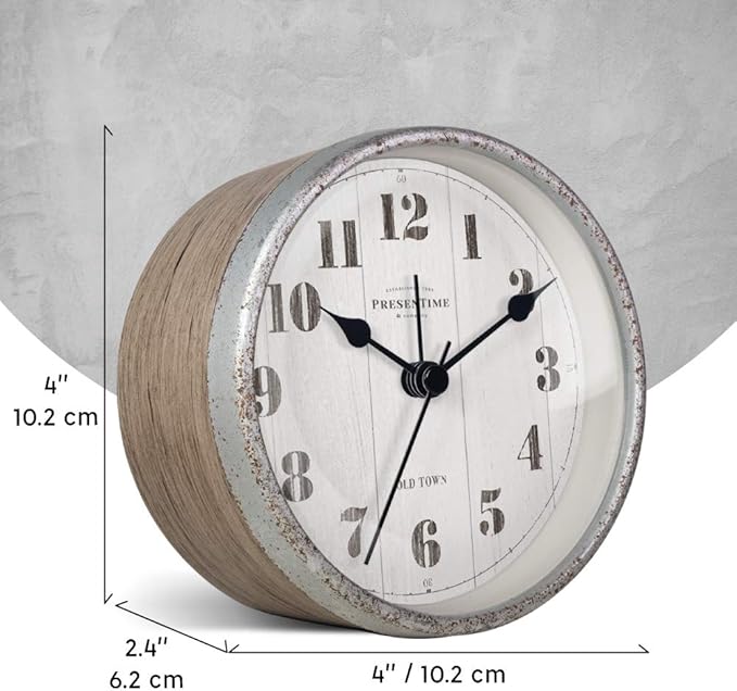 Presentime & Co 4" Farmhouse Tabletop Alarm Mantel Clock, Desk and Shelf Clock, Silent no Ticking, Light Grey Oak and Rusted Galvanized Finish. Tabletop Décor, Home Décor, Farmhouse Décor
