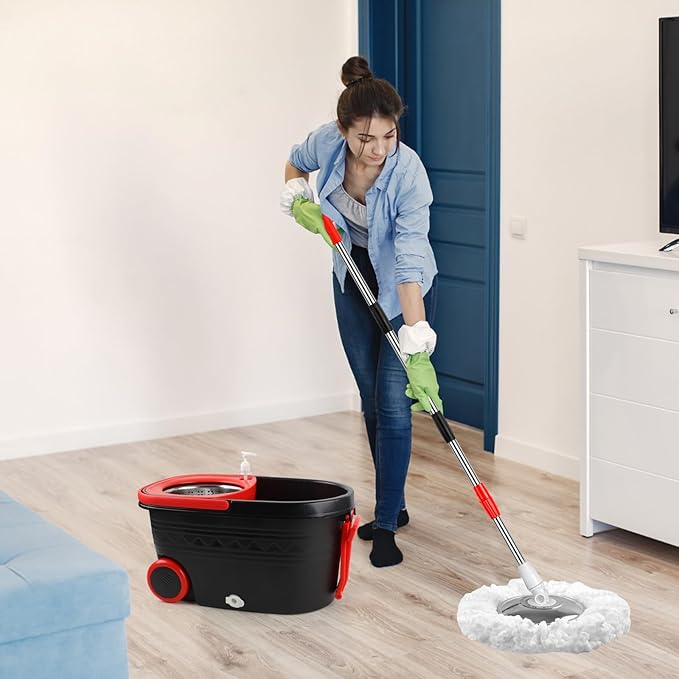 Mop and Bucket with Wringer Set, 360° Rotating Floor Mop Bucket on Wheels for Floor Cleaning, 3 Microfiber Mop Replacement Head Refills, 61"" Stainless Steel Extended Handle, Red&Black